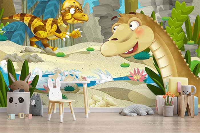 Cute Dinosaur Wallpaper Mural shown in a room