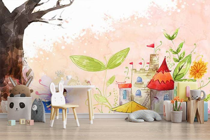 Fairy kingdom and Girl with Wings Girls Wallpaper shown in a room