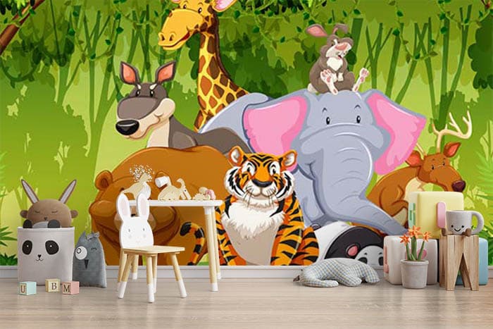 Cute Wild Animals Posing Kids Wallpaper shown in a room