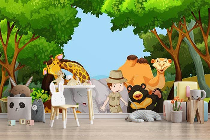 Zoo Keeper With Cute Wild Animals Wallpaper shown in a room