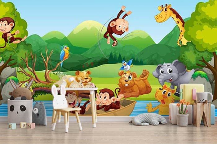 Playful Cute Animals kids Wallpaper Mural shown in a room
