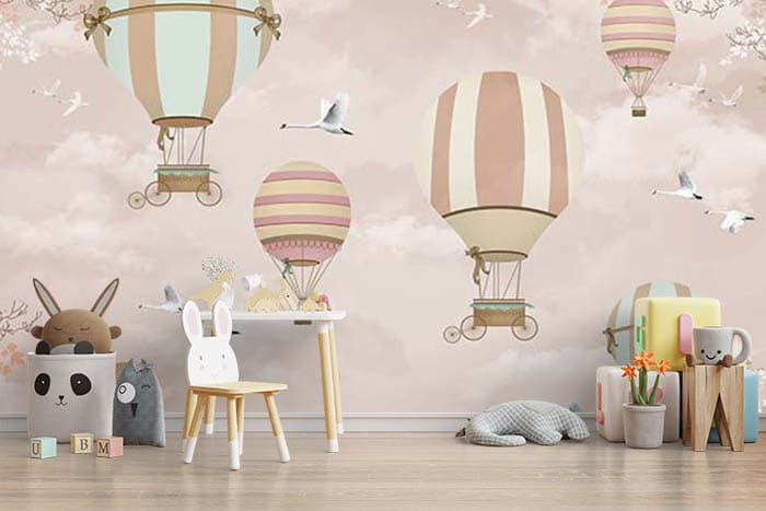 Fantasy Hot Air Balloons Kids Wallpaper Mural shown in a room