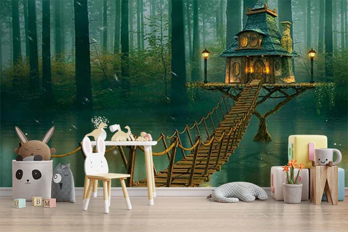 Tree house in a Magical Forest Wallpaper Mural shown in a room