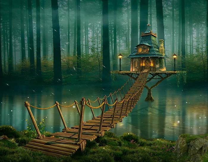 Tree house in a Magical Forest Wallpaper Mural pattern detail