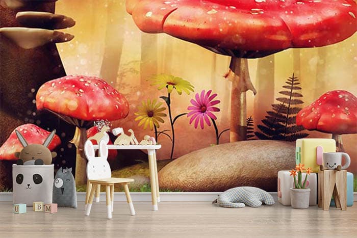 3D Flowering Meadow in Wonderland Wallpaper shown in a room