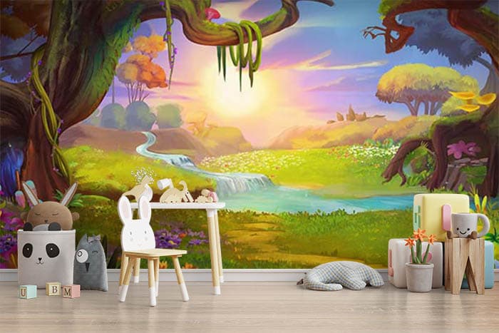Fantasy Grassland, Hills and River Wallpaper Mural shown in a room