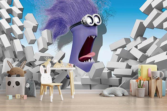 3D Evil Minions and Bricks Wallpaper shown in a room