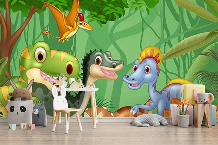Happy Dinosaurs in the Jungle Wallpaper shown in a room