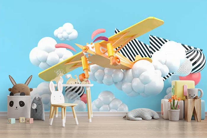 Aircraft and bubbly clouds shown in a room