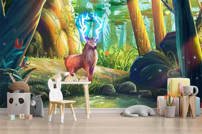 Fantasy Deer Forest Wallpaper shown in a room