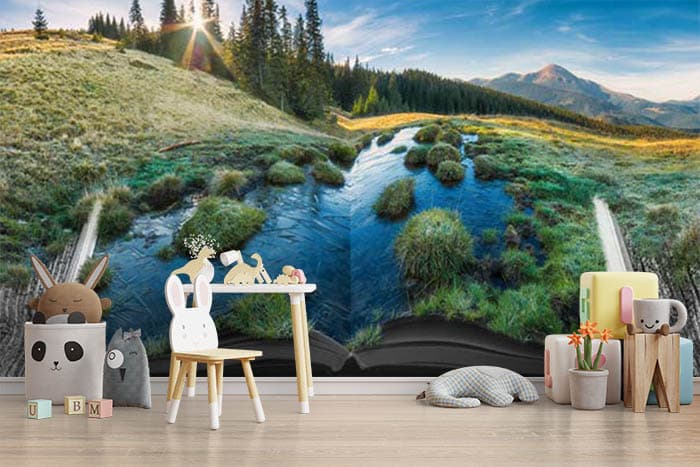 Alpine Mountain Valley Wallpaper shown in a room