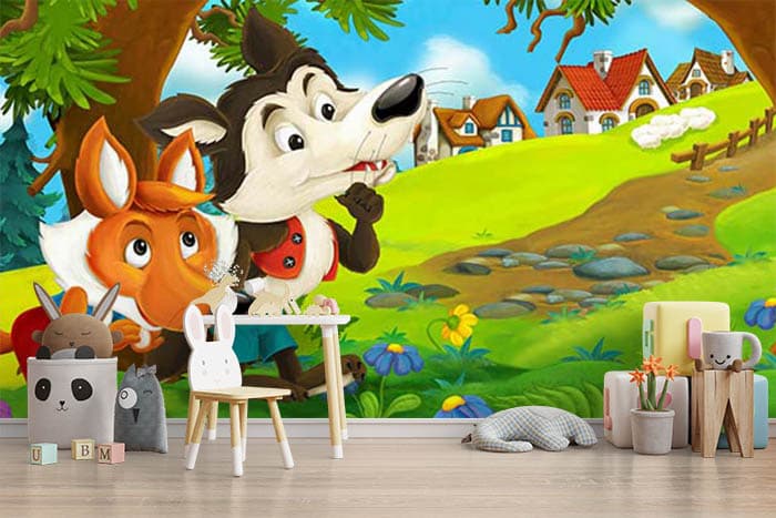 Colorful Kids Woodland Adventure wallpaper shown in a room