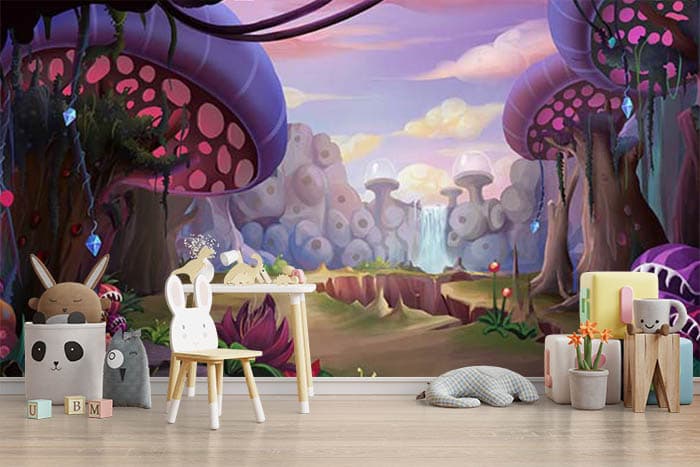Beautiful Fantasy Mushroom Forest wallpaper shown in a room