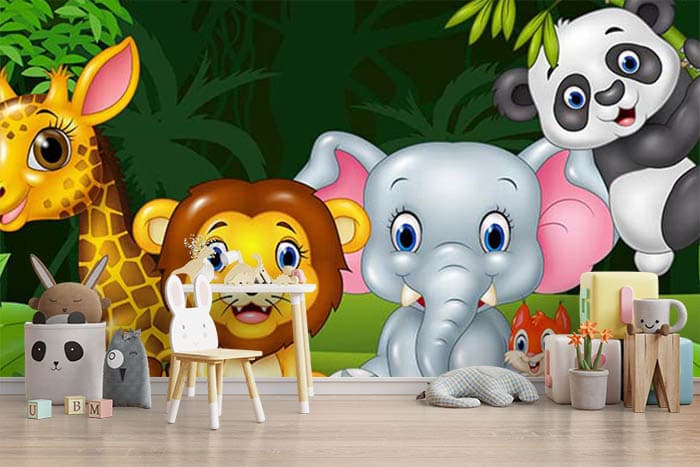 Playful Wild Animal Kids Room Wall Wallpaper shown in a room