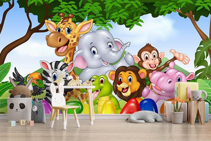 Baby animal's jungle party shown in a room