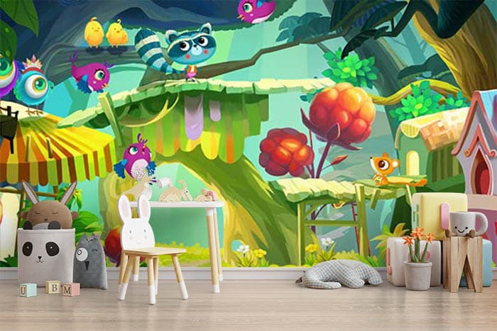 Adorable Forest Wildlife Wall Decor Wallpaper shown in a room