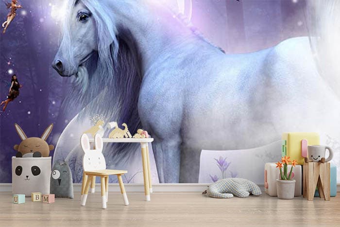 Elegant Heavenly Unicorn Landscape wallpaper shown in a room