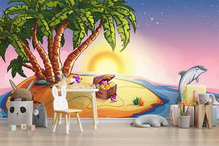 Island with Dolphins Ocean Wall Mural Wallpaper shown in a room