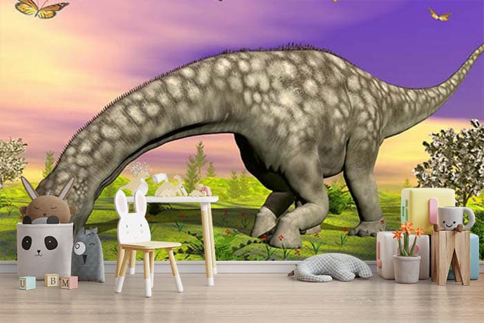 Fantasy Dinosaur Adventure Kids Room Wallpaper shown in a room