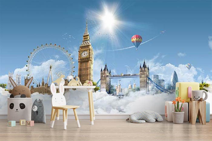 Beautiful Cloud and Balloon Landscape wallpaper shown in a room
