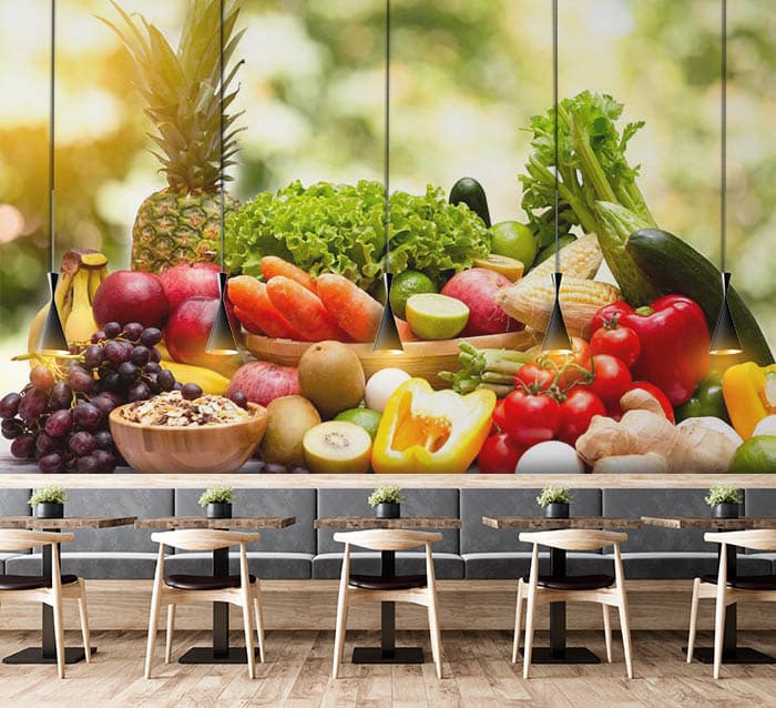 Fruits and Vegetables Wallpaper for Kitchen shown in a room