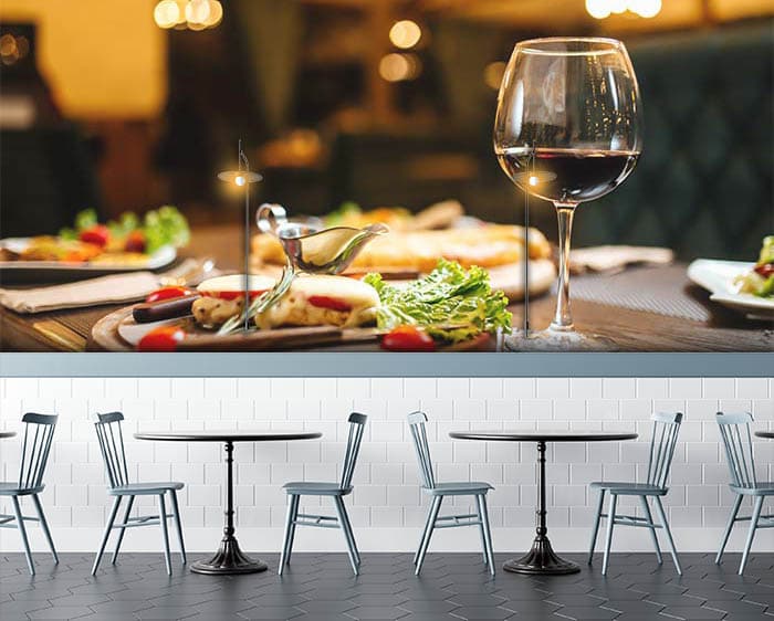 Food and wine shown in a room
