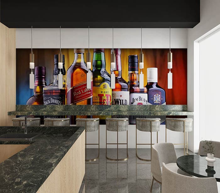 Branded whiskies shown in a room