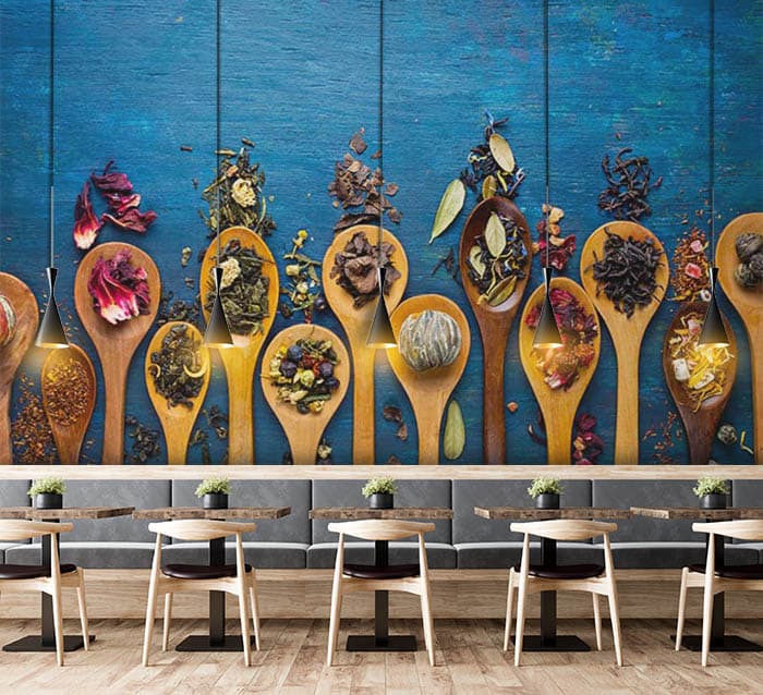 Tea Species with Wooden Spoon Herbal Wallpaper shown in a room
