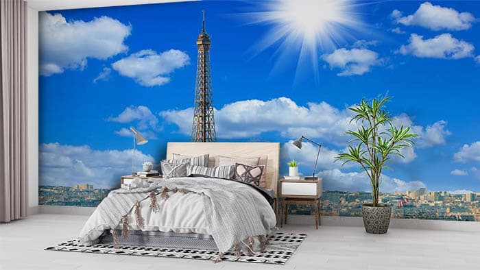 Eiffel Tower and Sunny Sky Wallpaper Mural shown in a room