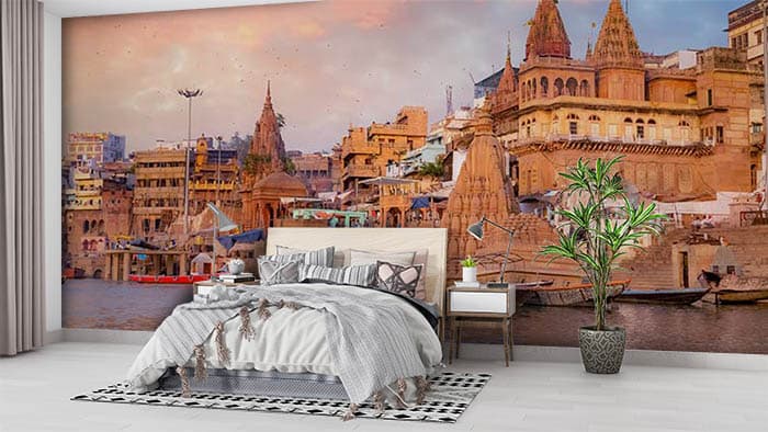 Royal Banaras Ghat Riverside Scene wallpaper shown in a room