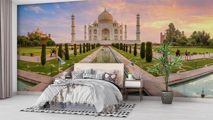 Pastel Taj Mahal Aesthetic Scene Wall Mural Wallpaper shown in a room