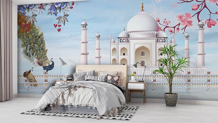 Animated Taj Mahal Colorful Art Wall Mural Wallpaper shown in a room