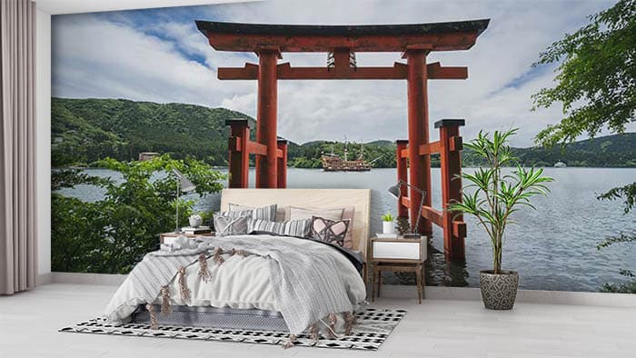Red pillar and lake shown in a room