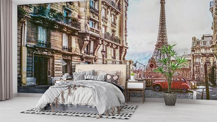 Vintage Old Paris Street European Cityscape Wall Mural Wallpaper shown in a room