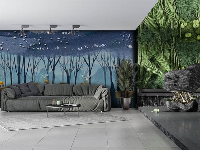 Mystical Blue Woodland Wall Decor Wallpaper shown in a room