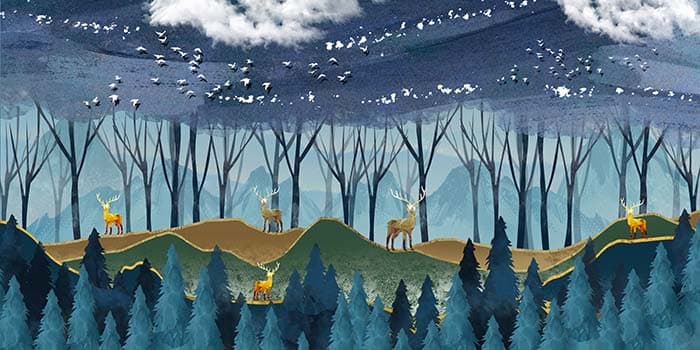 Mystical Blue Woodland Wall Decor Wallpaper pattern detail