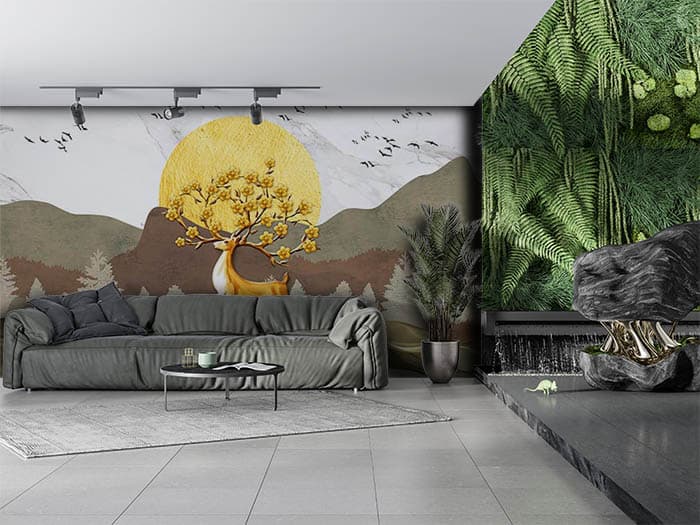 Elegant Jumping Reindeer Forest Scene wallpaper shown in a room