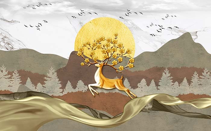 Elegant Jumping Reindeer Forest Scene wallpaper pattern detail