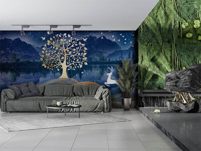 3D Magical Reindeer Medley Scenery Wallpaper shown in a room