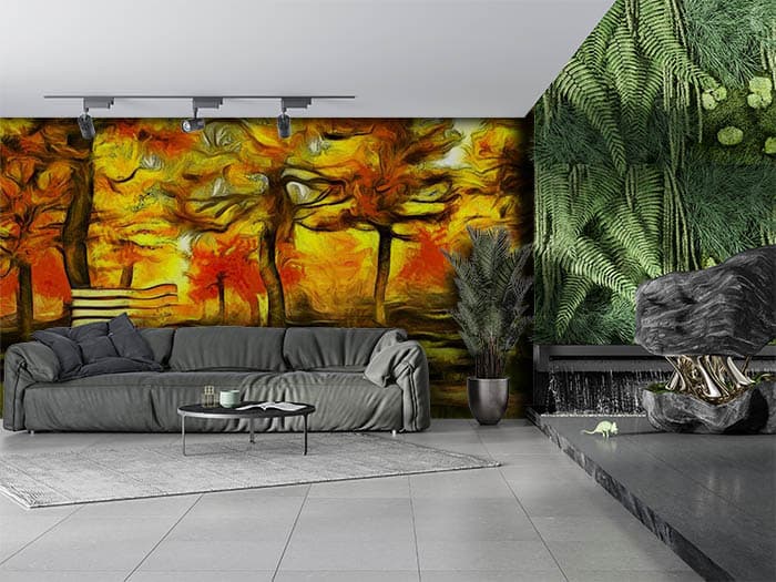 Abstract Yellow Trees Art Wallpaper shown in a room