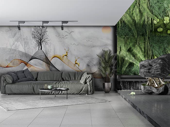 Elegant Aureate Reindeers Nature Art Design wallpaper shown in a room