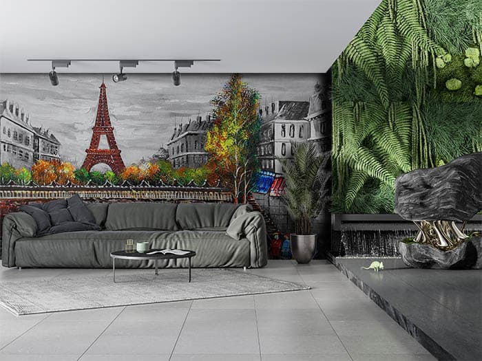 Elegant Black and White Paris Street View Wallpaper shown in a room