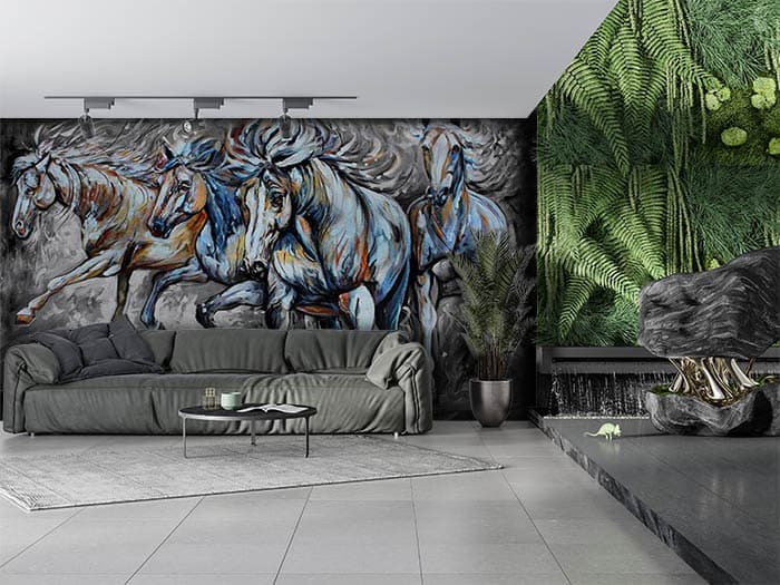 Modern Monochrome Horse Wall Mural Wallpaper shown in a room