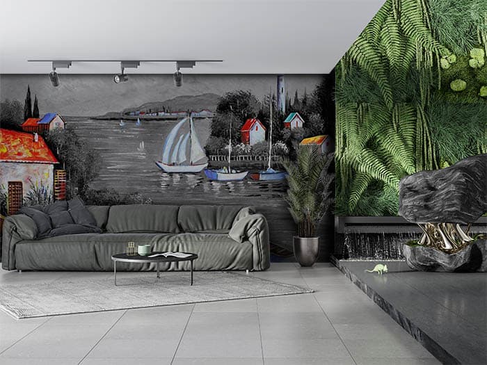 Elegant Monochrome Water Landscape Wallpaper shown in a room