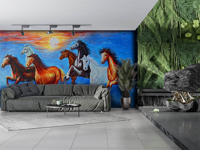 Dreamy Horse Landscape Wall Mural Wallpaper shown in a room