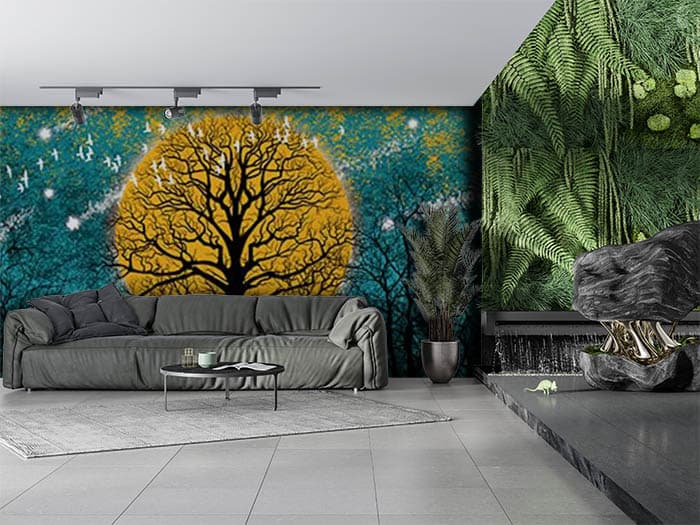 Sunset and Unicorns Dreamy Fantasy Art Wallpaper shown in a room