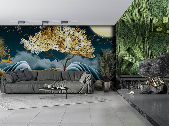 Premium Golden Woodland Scene Wallpaper shown in a room