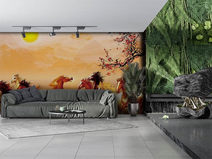 Dreamy Horses Landscape Aesthetic Wall Decor Wallpaper shown in a room