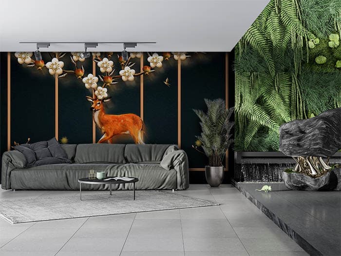 Flowers and Reindeer Nature Wall Mural Wallpaper shown in a room