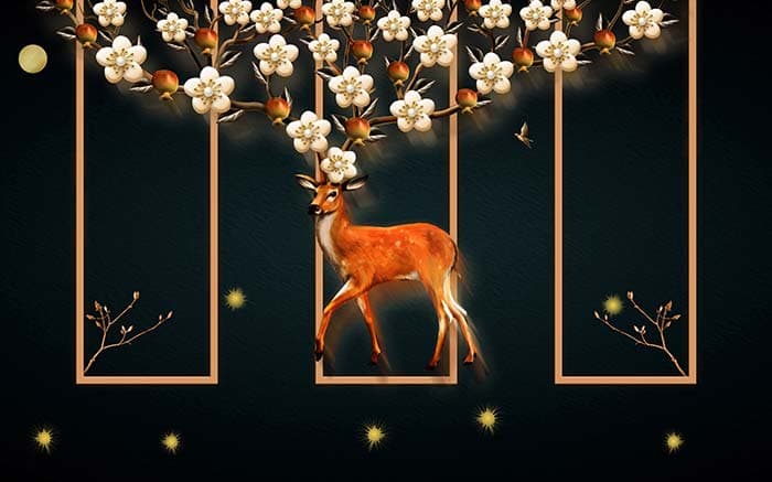 Flowers and Reindeer Nature Wall Mural Wallpaper pattern detail